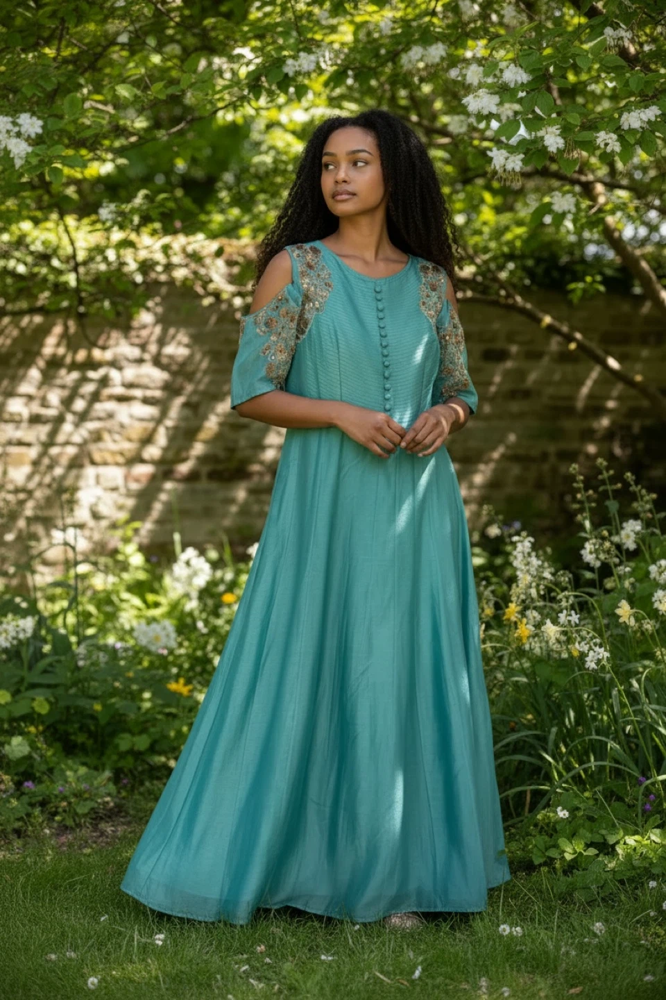 Anaarkali Indian  Teal Dress with Gold Embroidery(M)