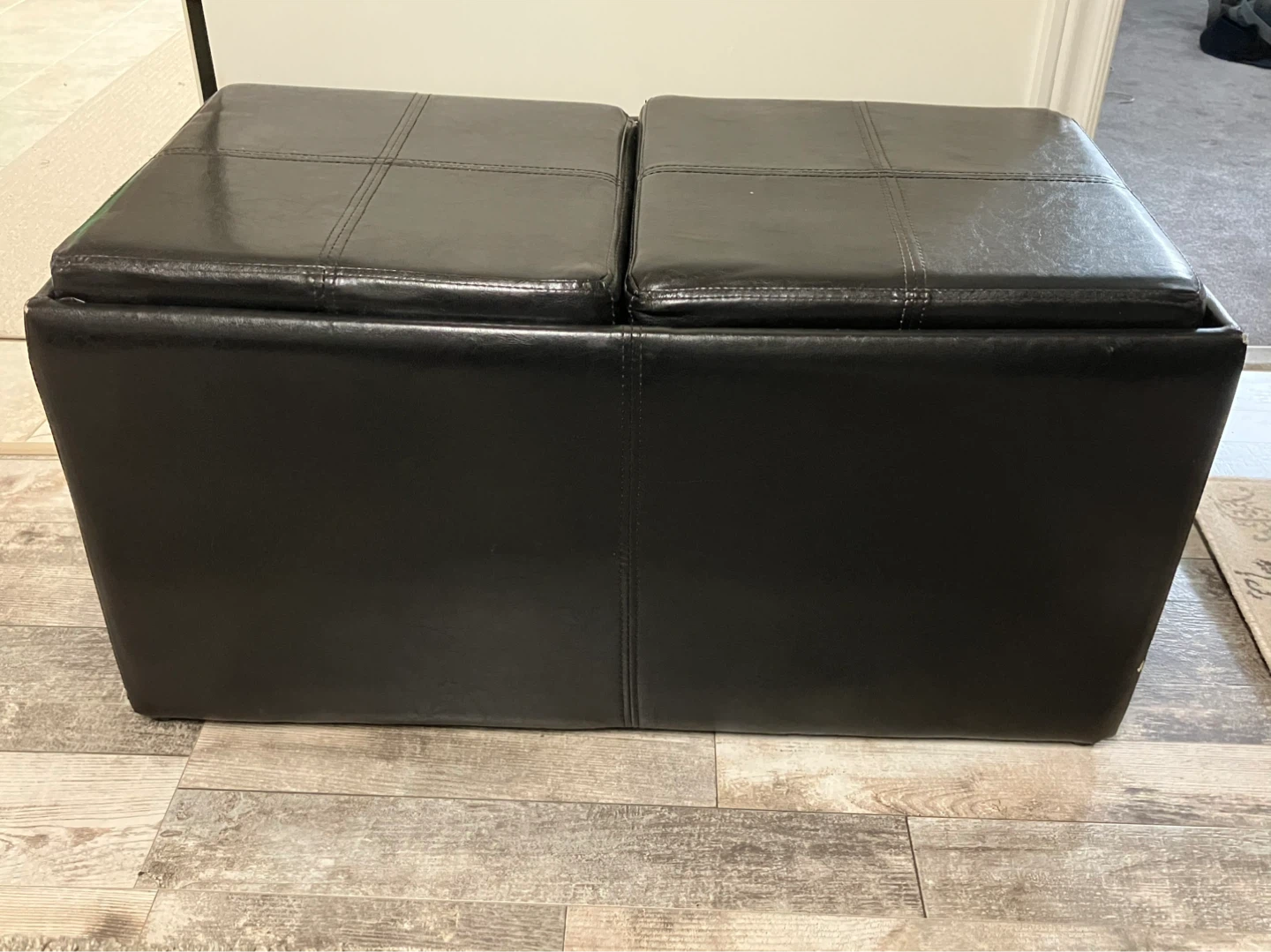 Black Faux Leather Storage Ottoman with Trays