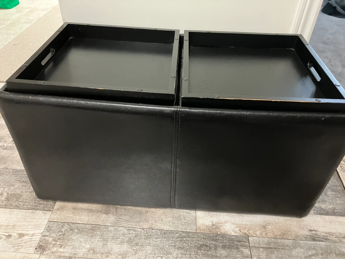 Black Faux Leather Storage Ottoman with Trays - photo 2