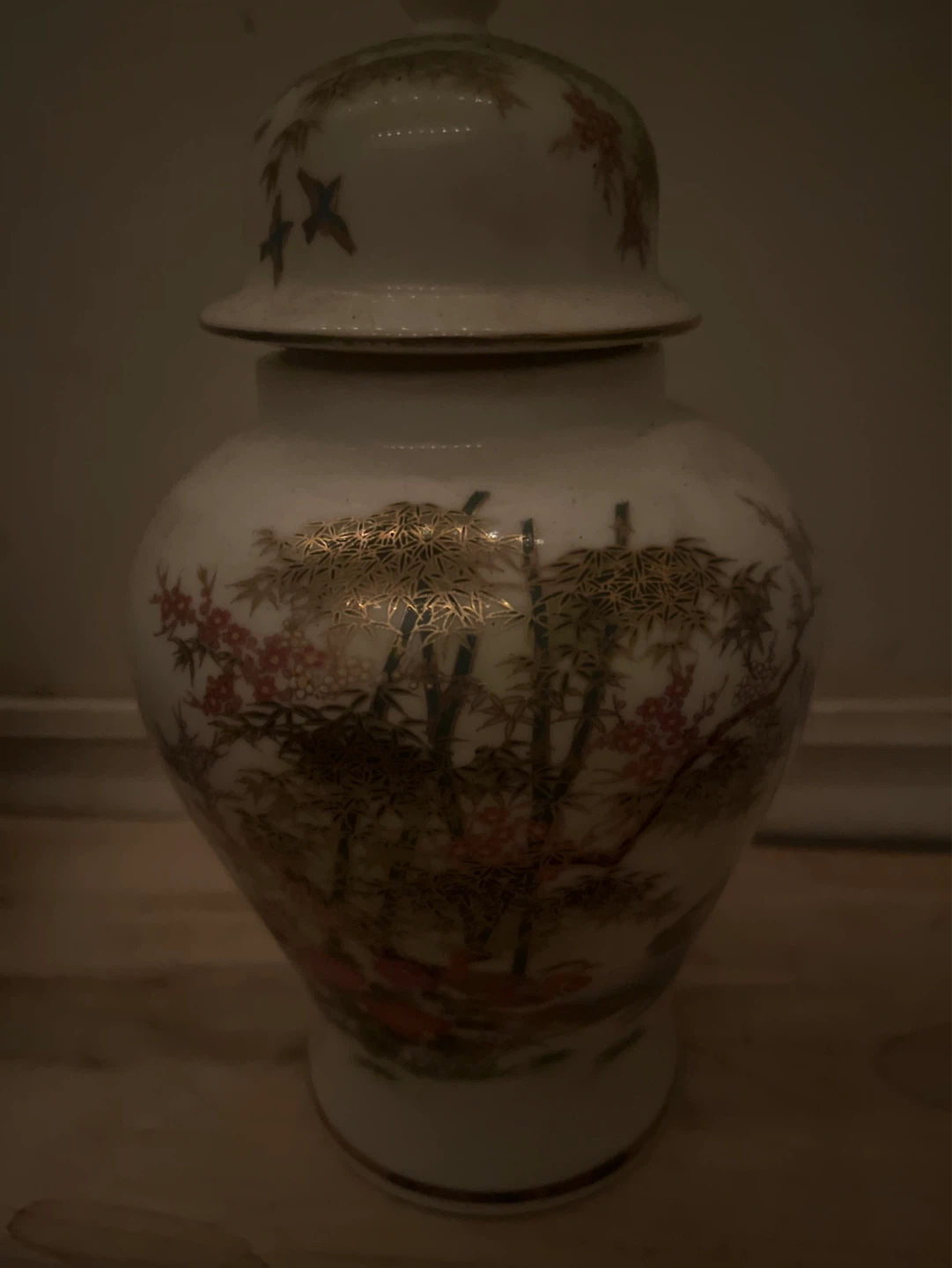 Antique Japanese Ginger Jar with Floral and Bamboo Design