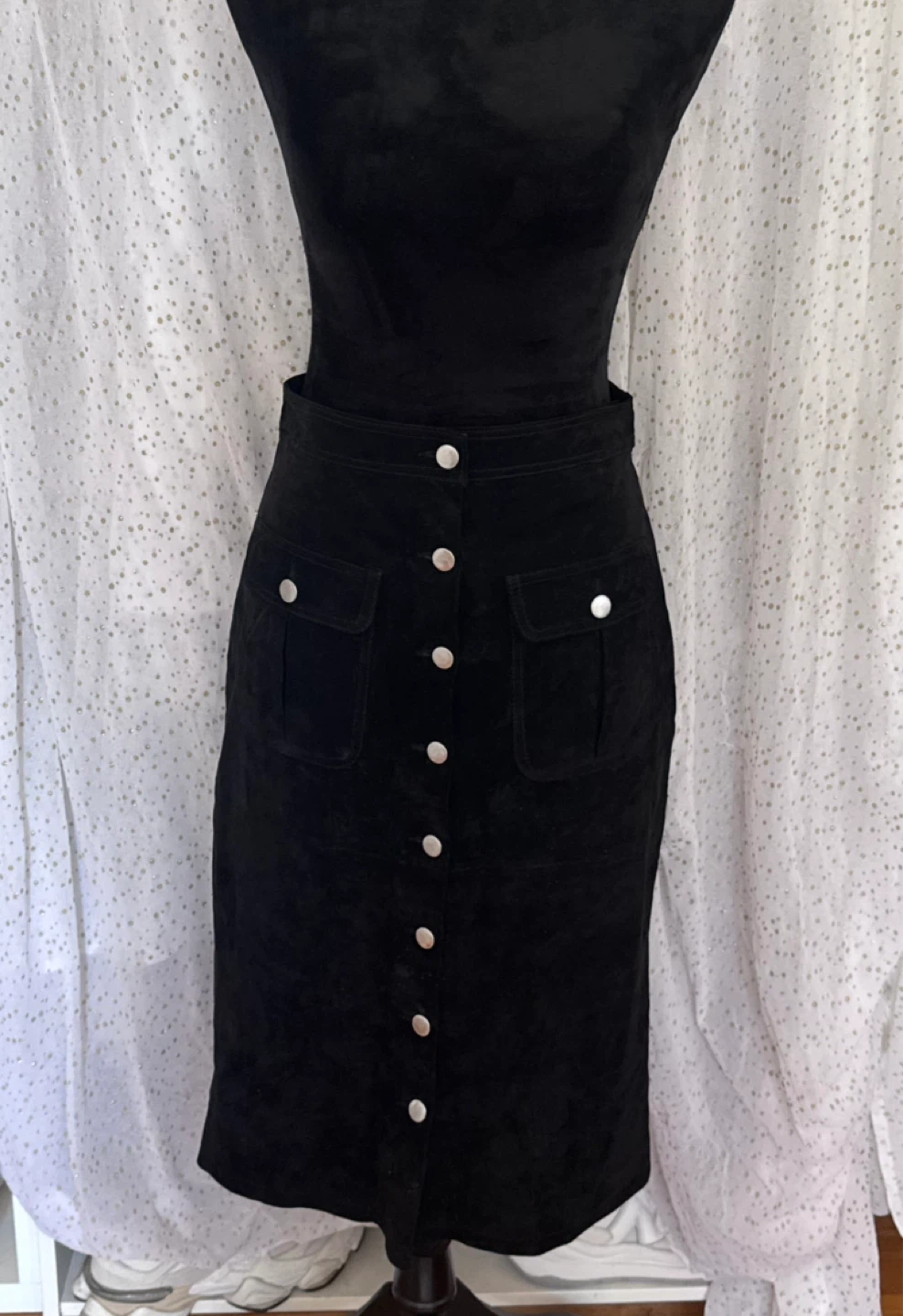 Black Suede Button-Front Midi Skirt