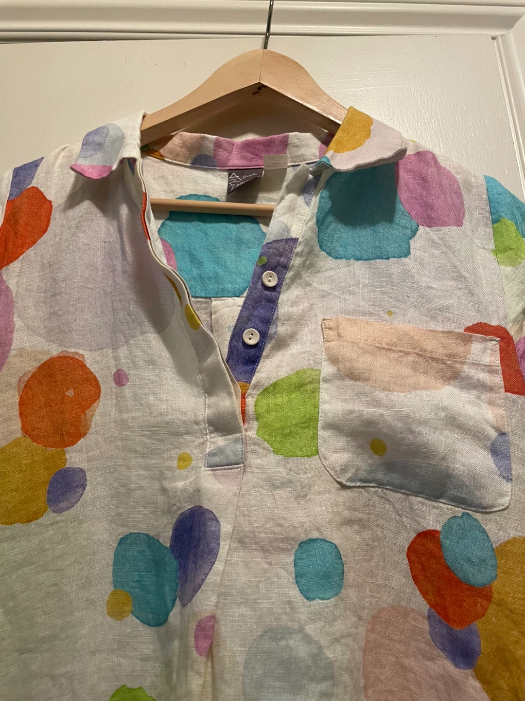 Women's Short Sleeve Linen Shirt Dress - Colorful Spots - photo 5