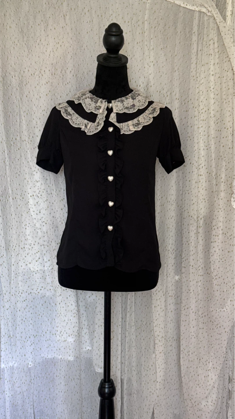 Black Lace Collar Ruffle Blouse