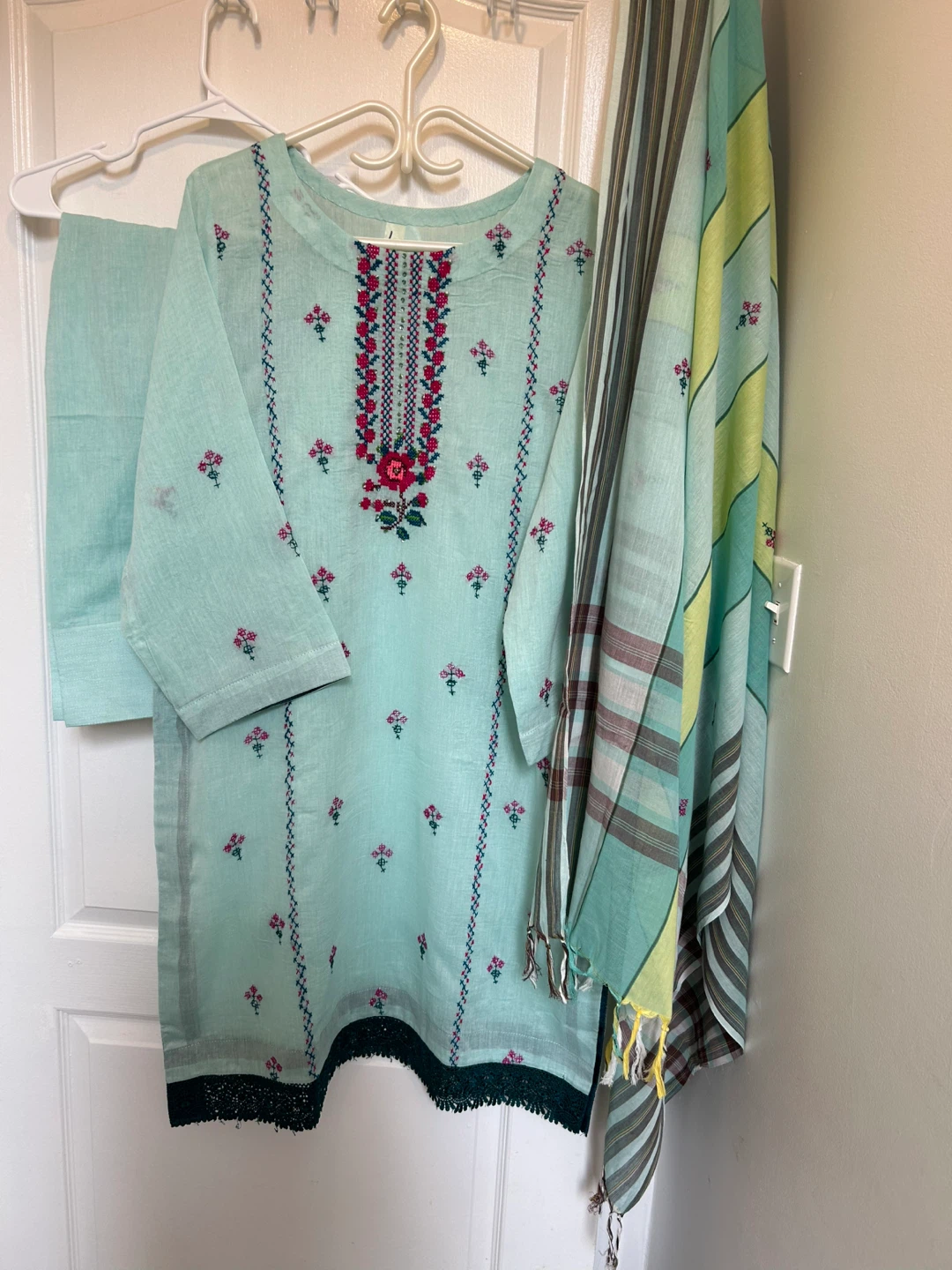 Sky blue Cross Stitch Embroidered 3 pcs dress