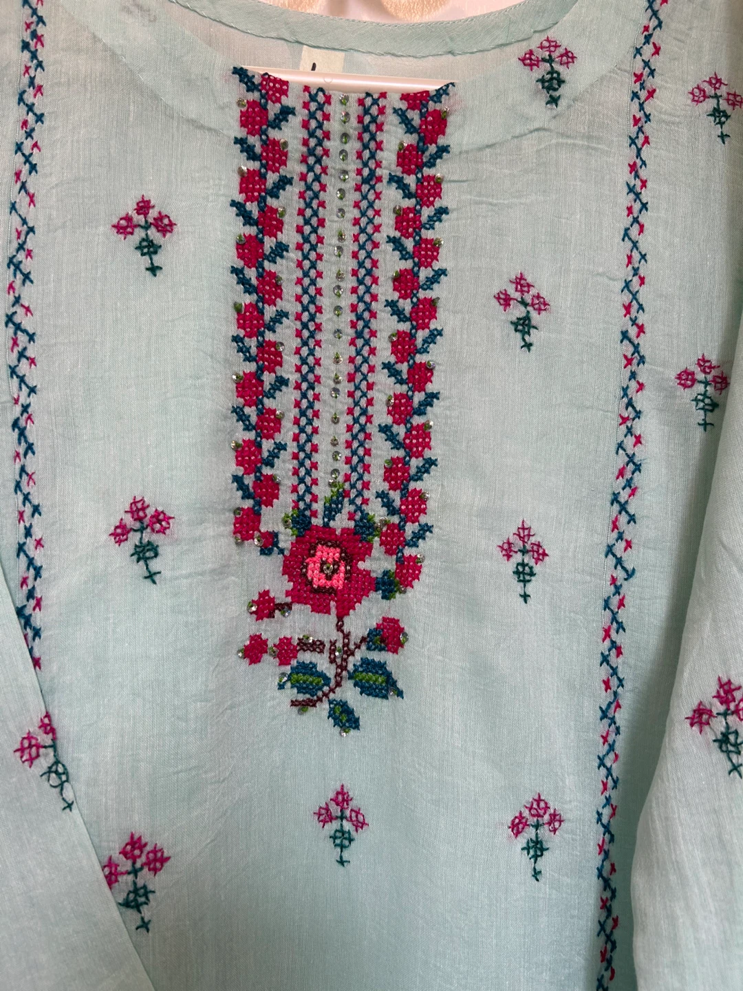 Sky blue Cross Stitch Embroidered 3 pcs dress - photo 2