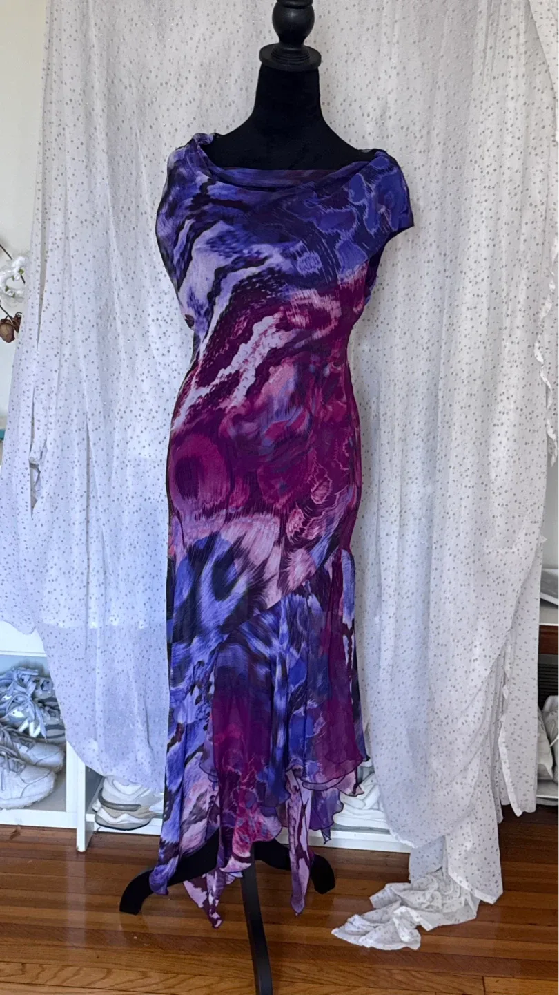 Purple Abstract Print Sheer Dress