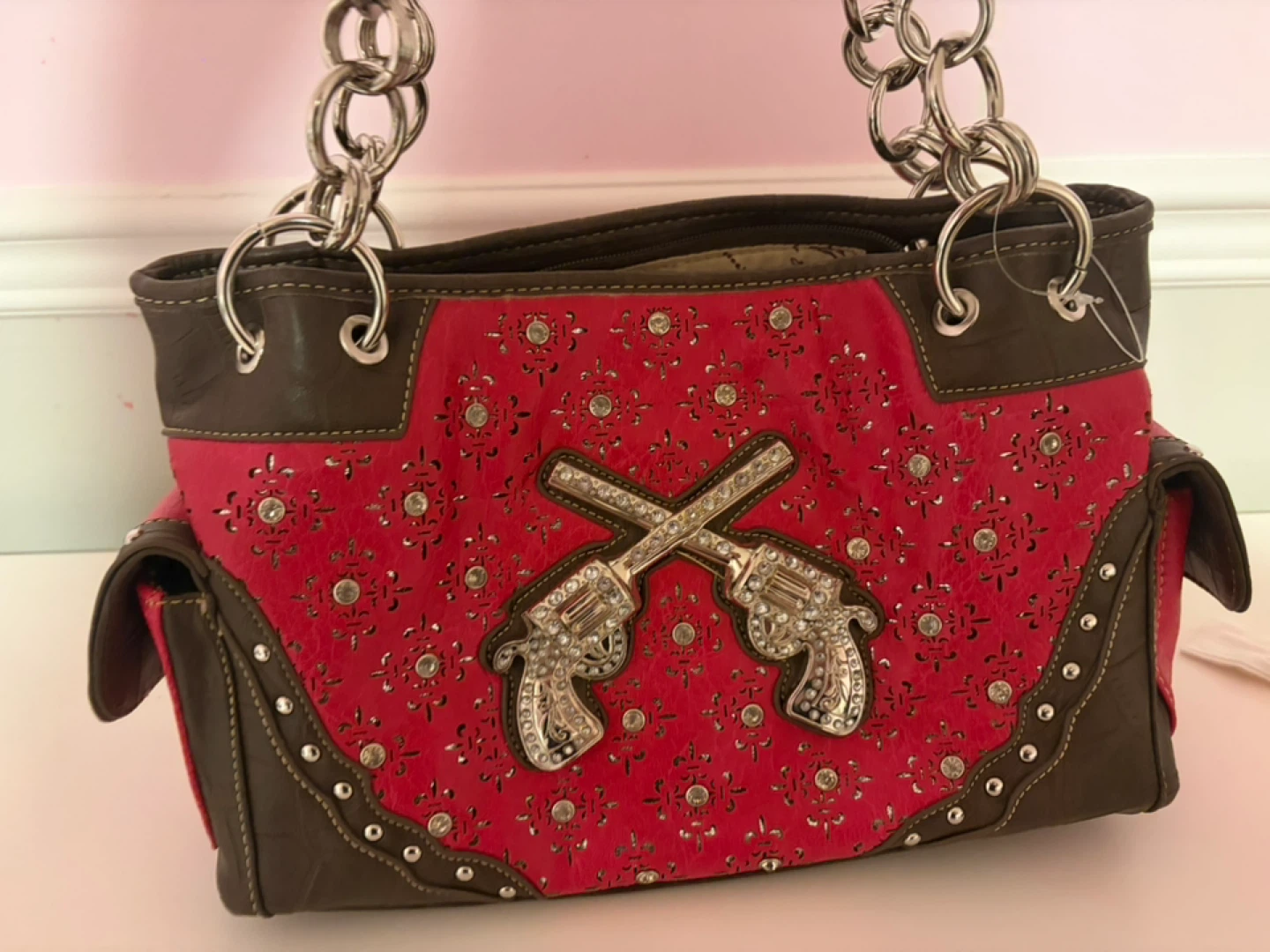 Red and Brown Western Style Handbag with Guns
