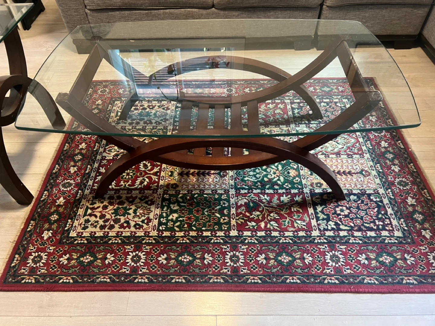 Glass Top Coffee Table with Dark Wood Base and side table
