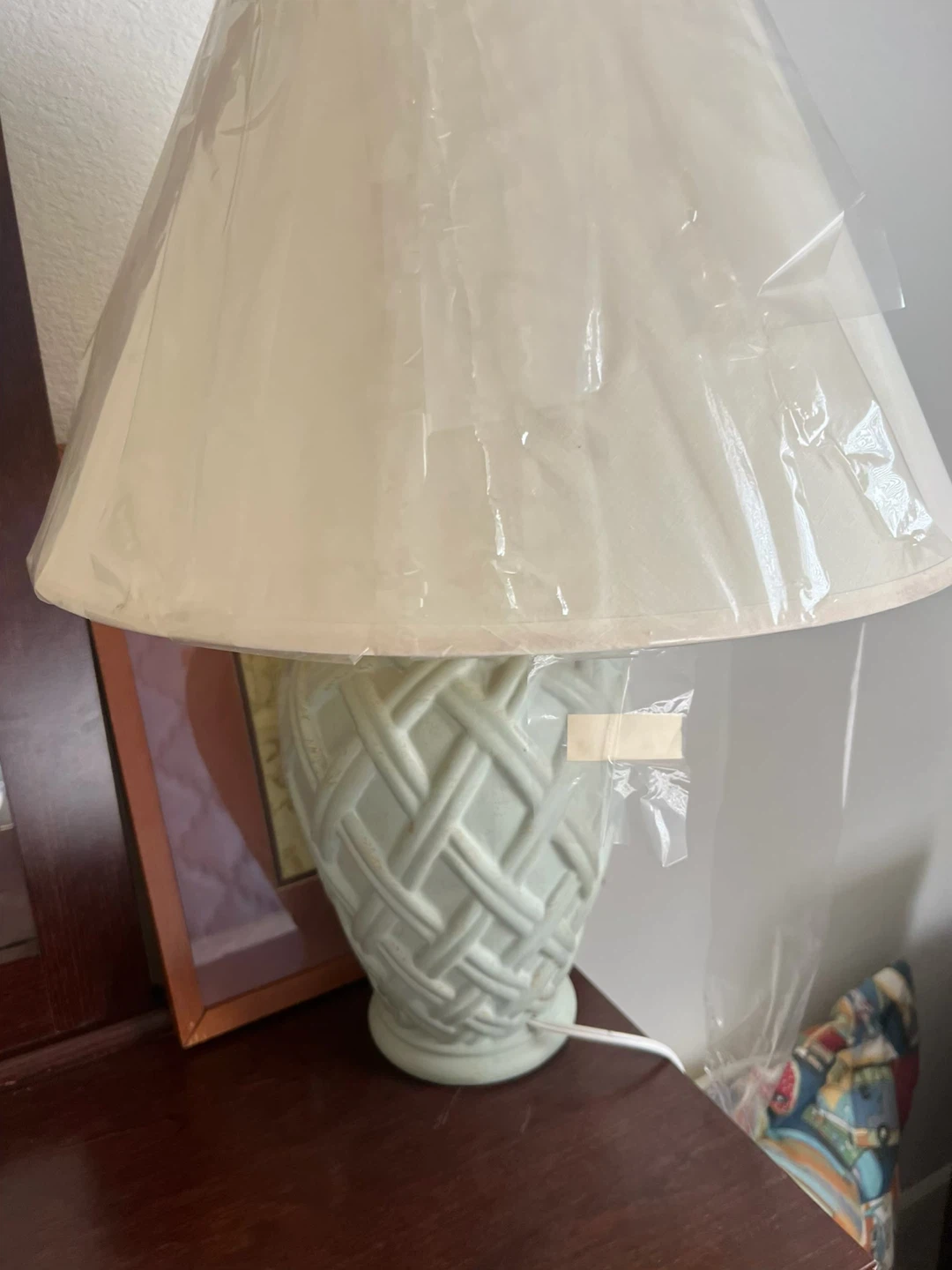 Light Blue Ceramic Table Lamp with Textured Weave Design