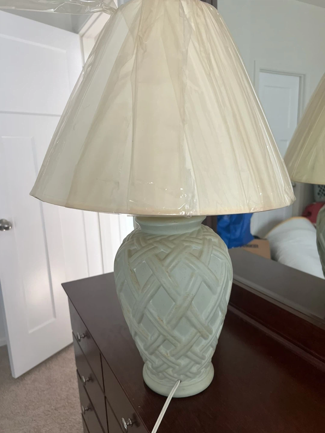 Light Blue Ceramic Table Lamp with Textured Weave Design - photo 2