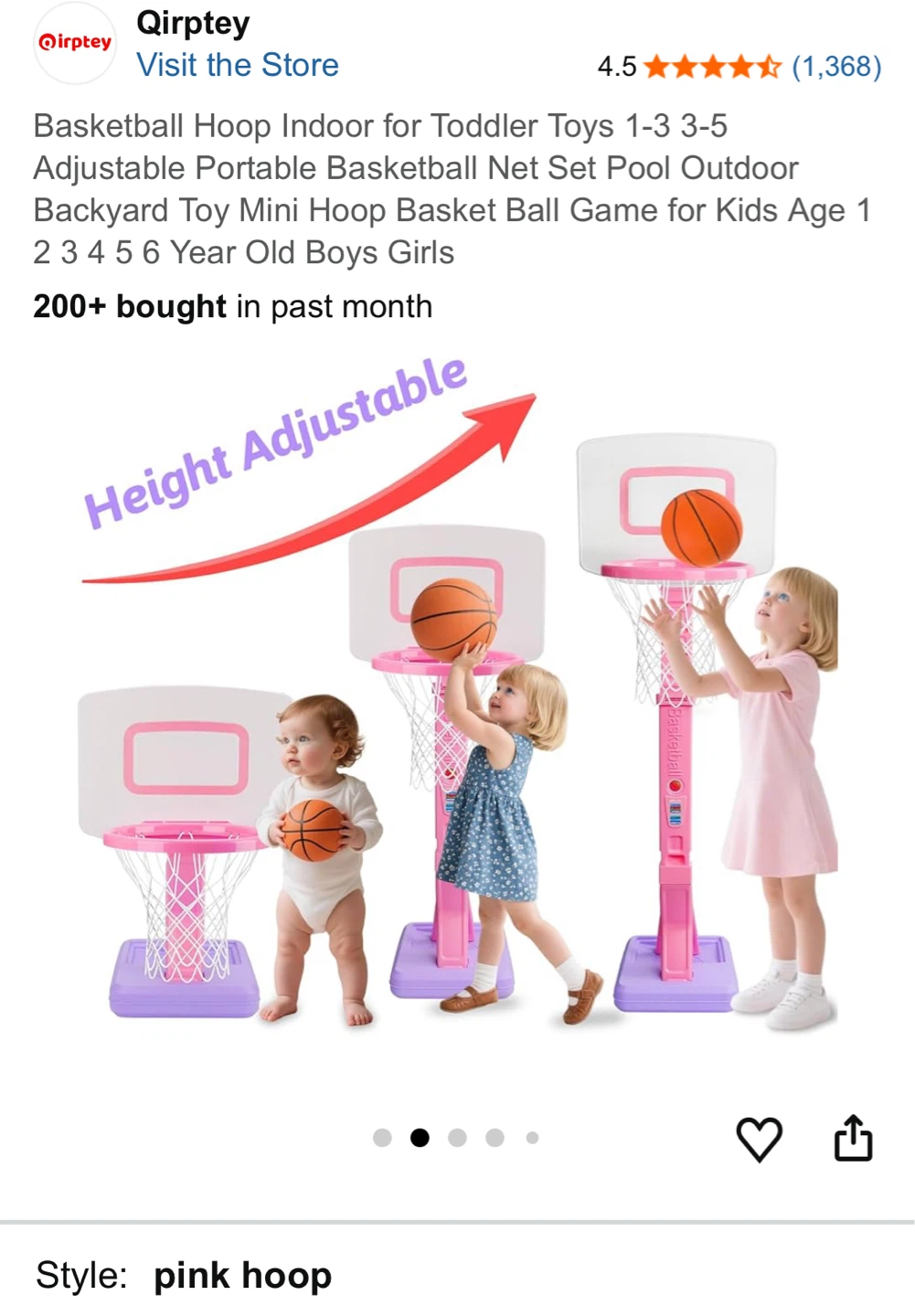 Qirptey Pink Adjustable Basketball Hoop for Toddlers - photo 2