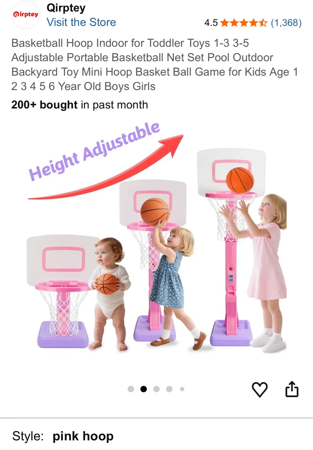 Qirptey Pink Adjustable Basketball Hoop for Toddlers - photo 2