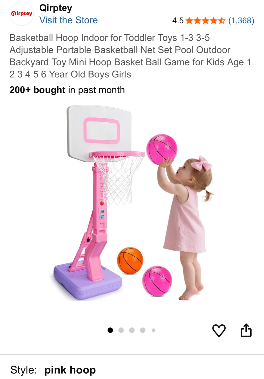 Qirptey Pink Adjustable Basketball Hoop for Toddlers