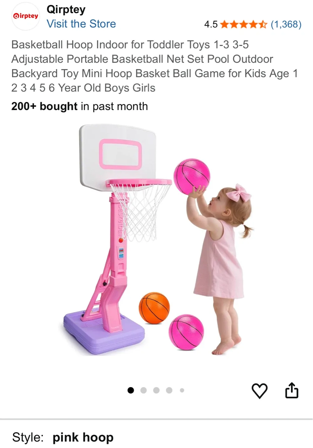 Qirptey Pink Adjustable Basketball Hoop for Toddlers