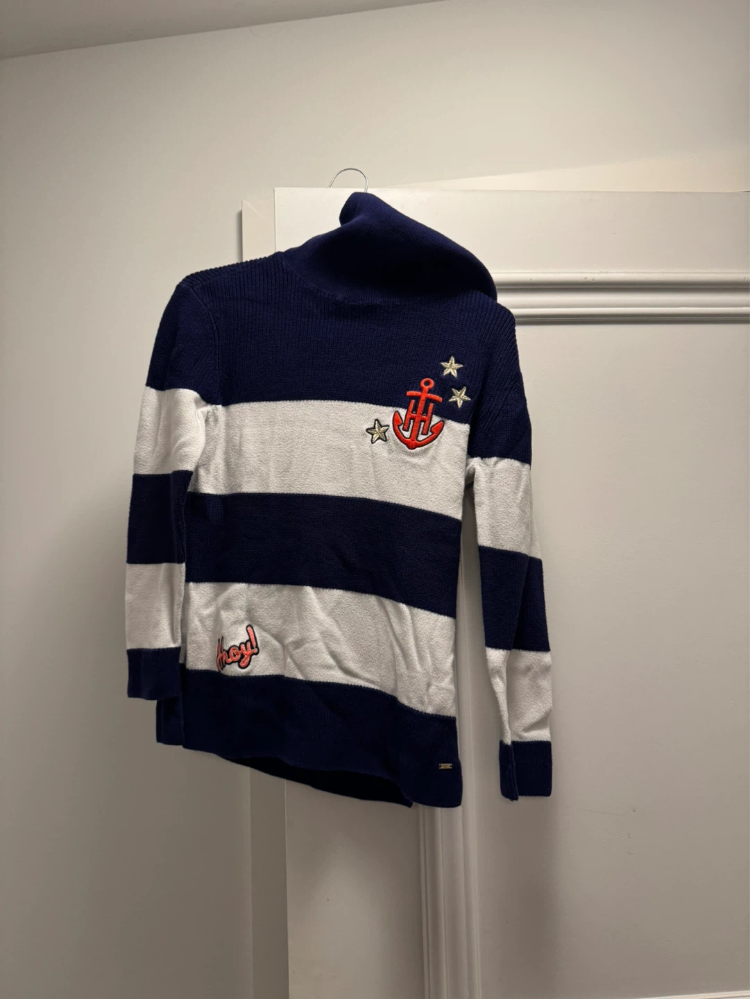 Navy and White Striped Sweater with Anchor Detail