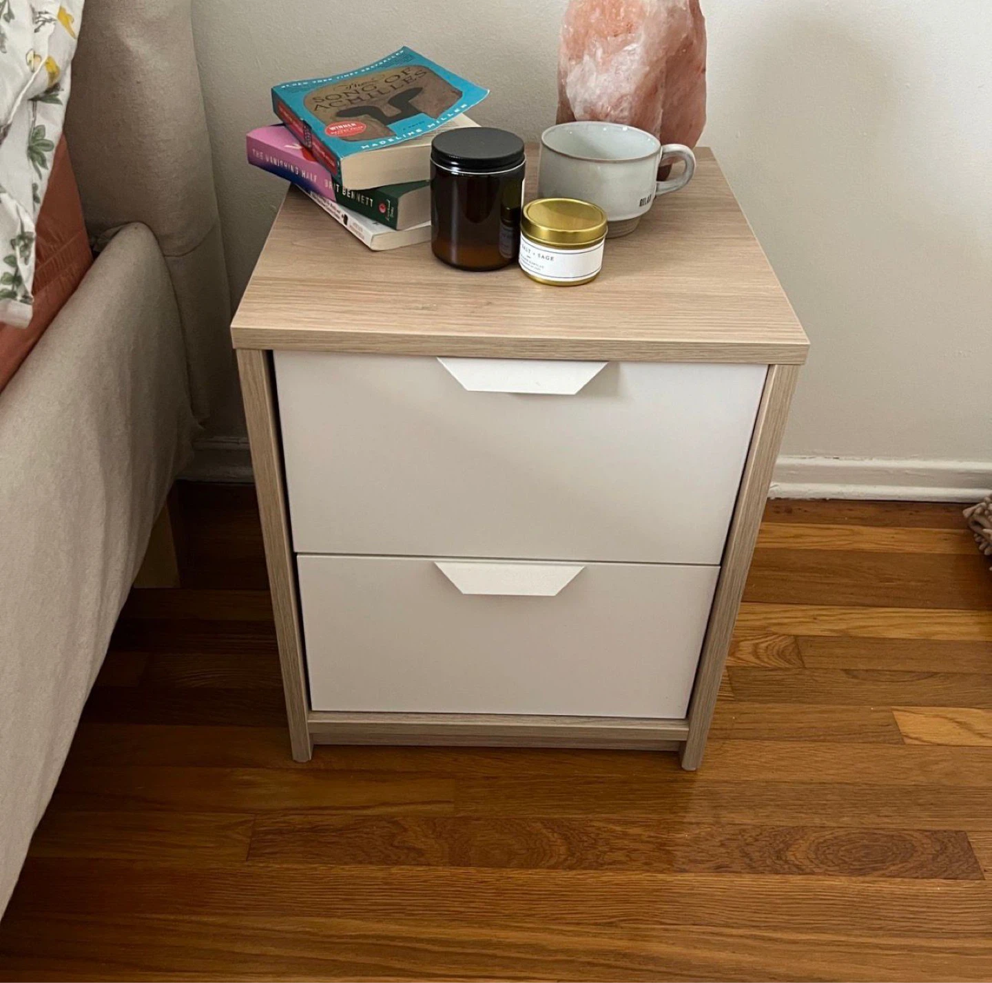 White and Wood Nightstand with Two Drawers