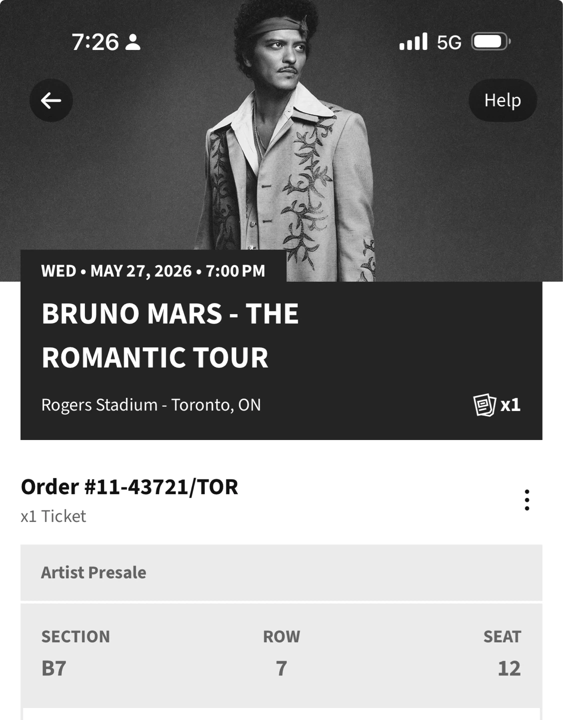 Bruno Mars May 27th / GREAT seat !!  Below face value
