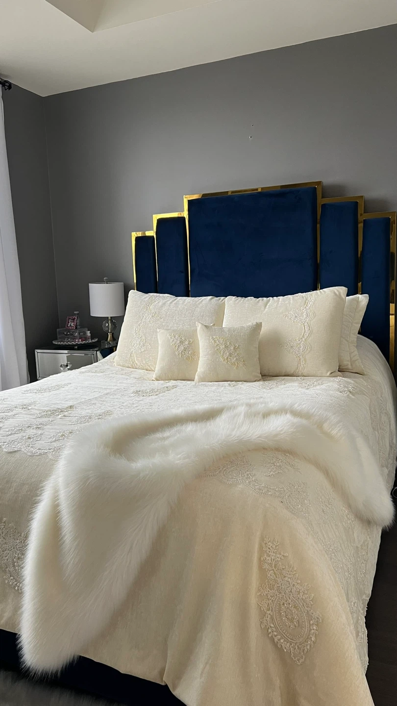 Royal Blue Velvet Queen Bed Frame with Gold Accents ✨