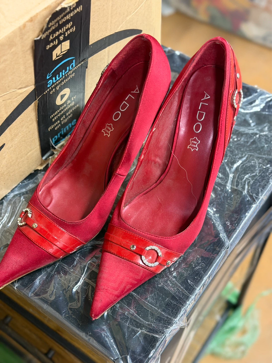 Aldo Red Satin Pointed Toe Heels - Size 38