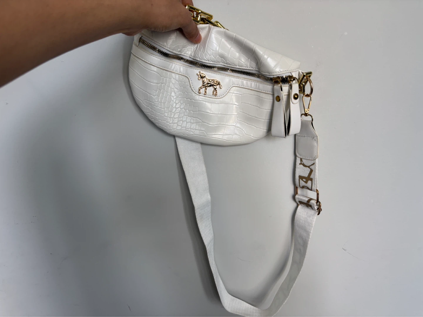 White Croc-Embossed Fanny Pack with Gold Horse Accent