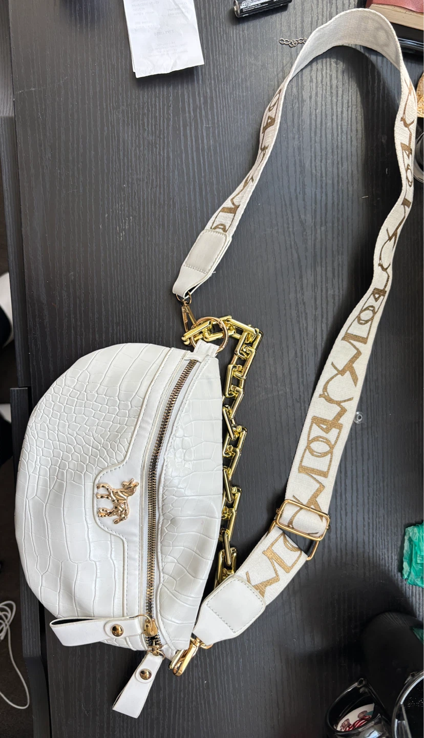 White Croc-Embossed Fanny Pack with Gold Horse Accent - photo 2