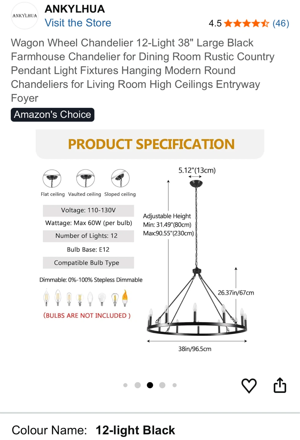 ANKYLHUA 12-Light Wagon Wheel Chandelier 38" Black - photo 3