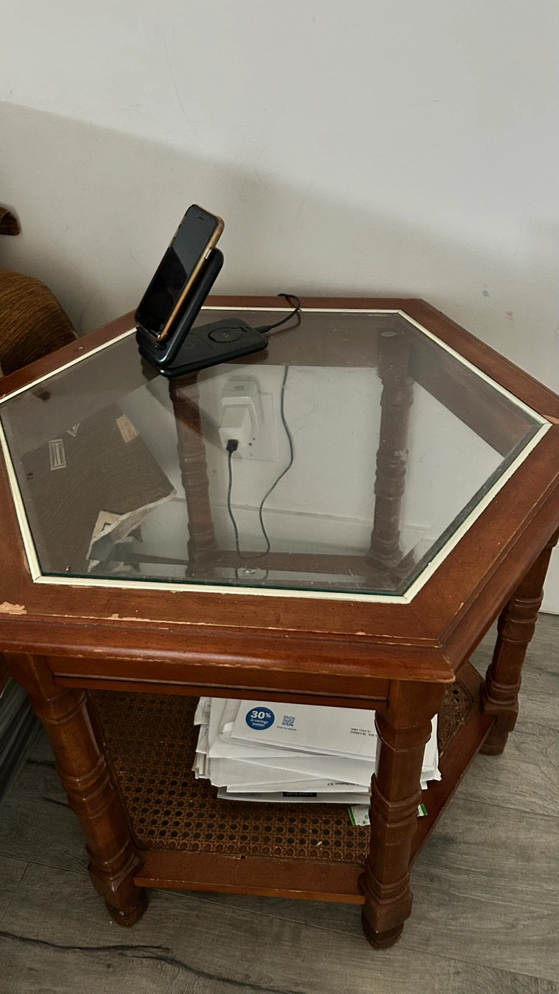 Wooden Hexagonal Side Table with Glass Top