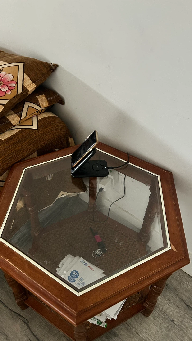 Wooden Hexagonal Side Table with Glass Top - photo 2