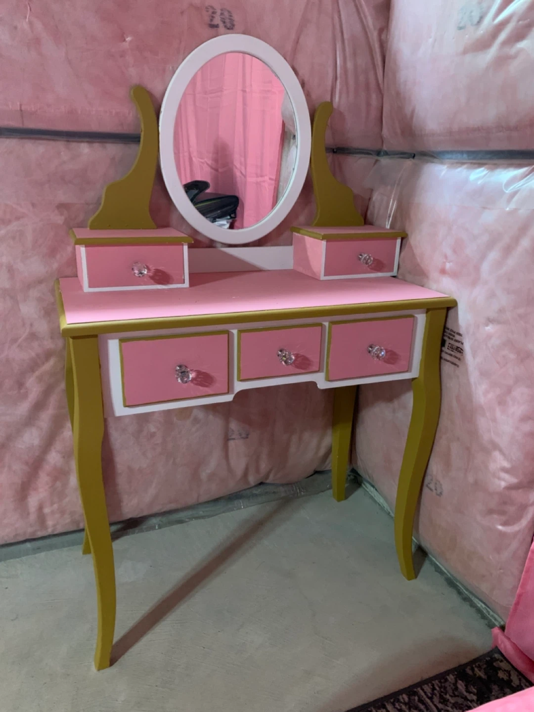 Pink Vanity Table with Mirror and Drawers