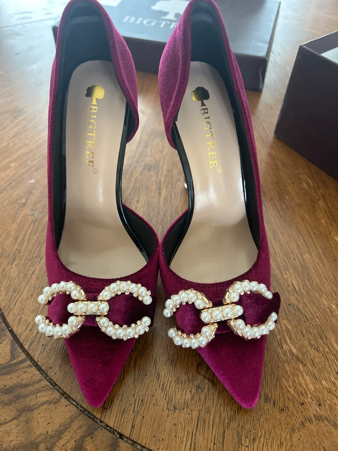 BIGTREE Velvet Heels with Pearl Embellishment - Size 36