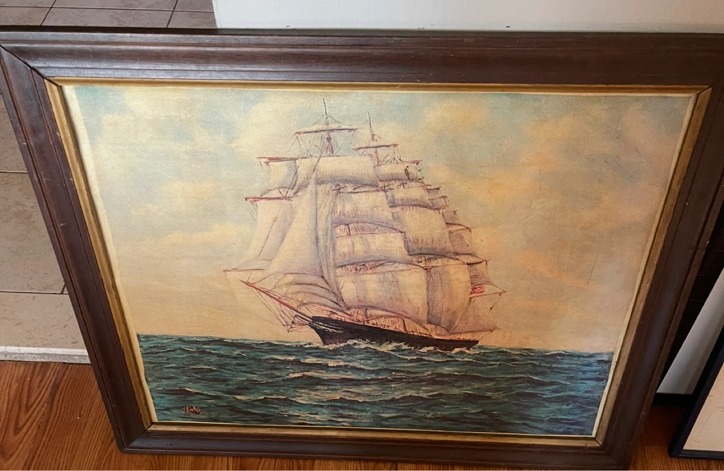 Original Oil Painting of a Tall Ship at Sea,