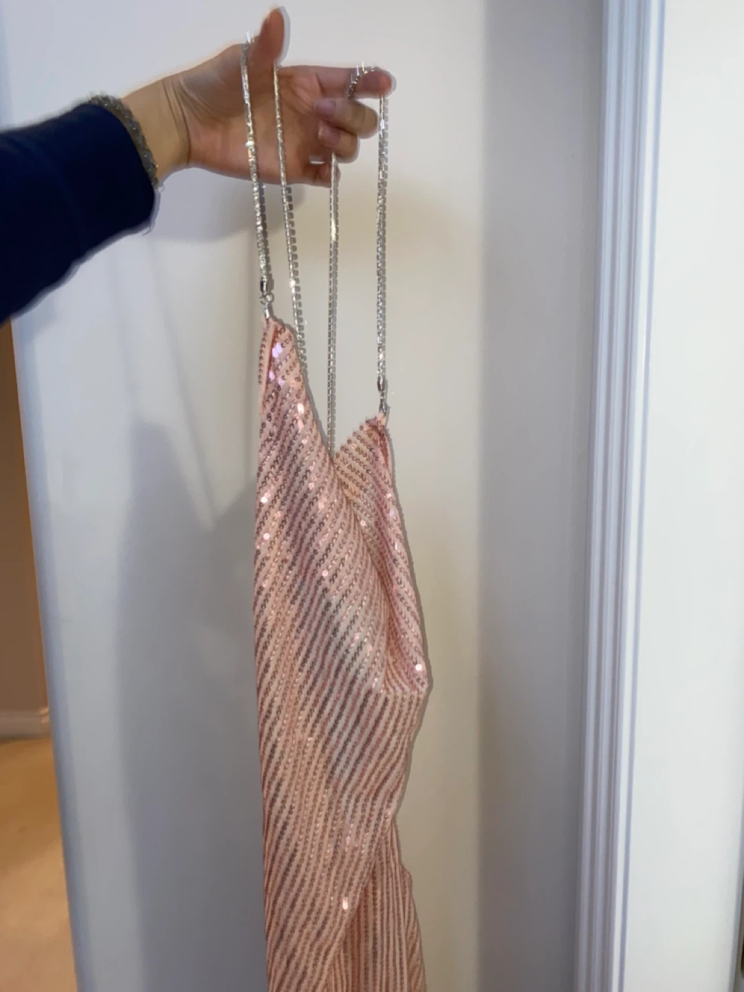Pink Sequin Evening dress with Chain Strap