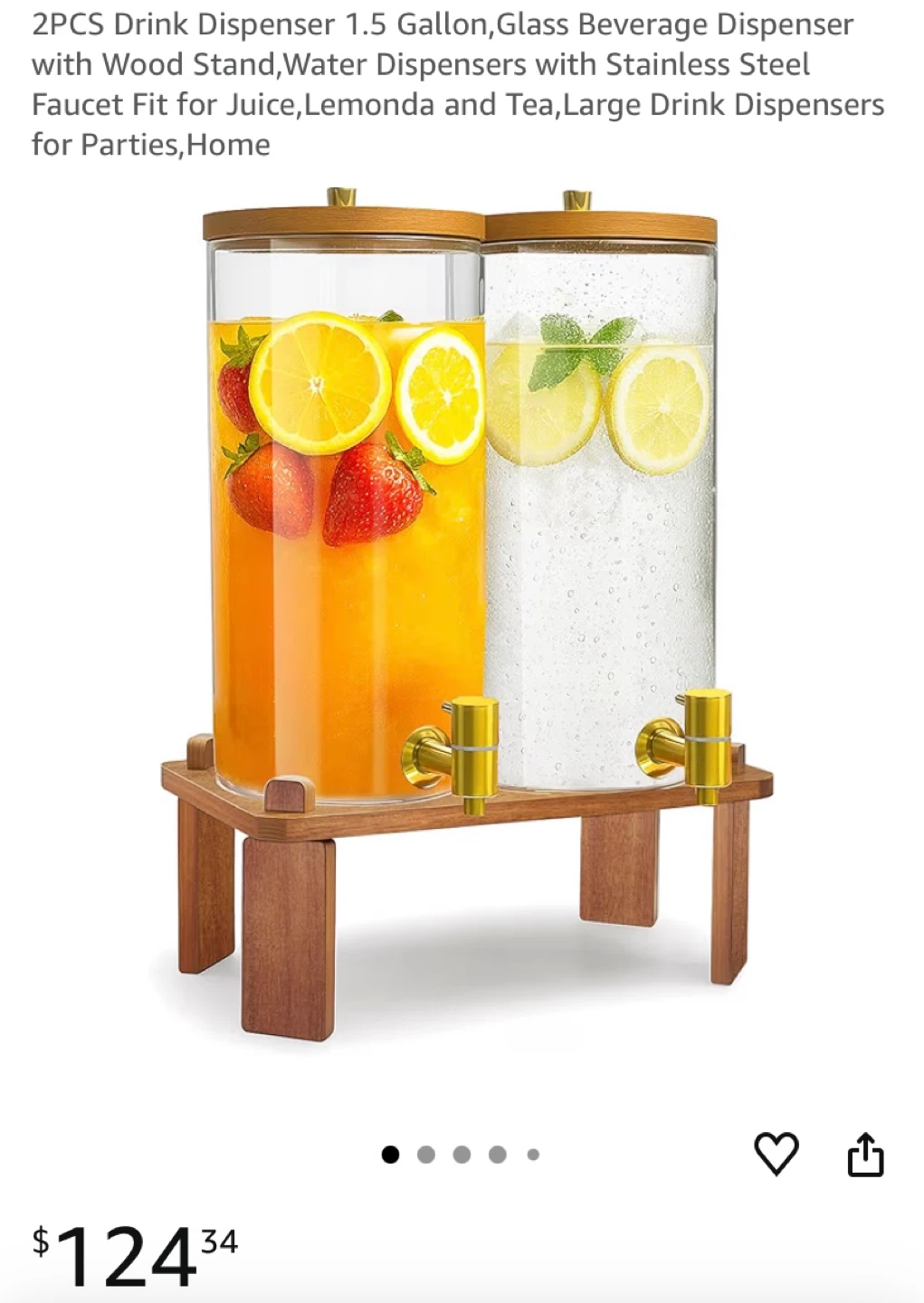 2PCS Glass Drink Dispenser 1.5 Gallon with Wood Stand