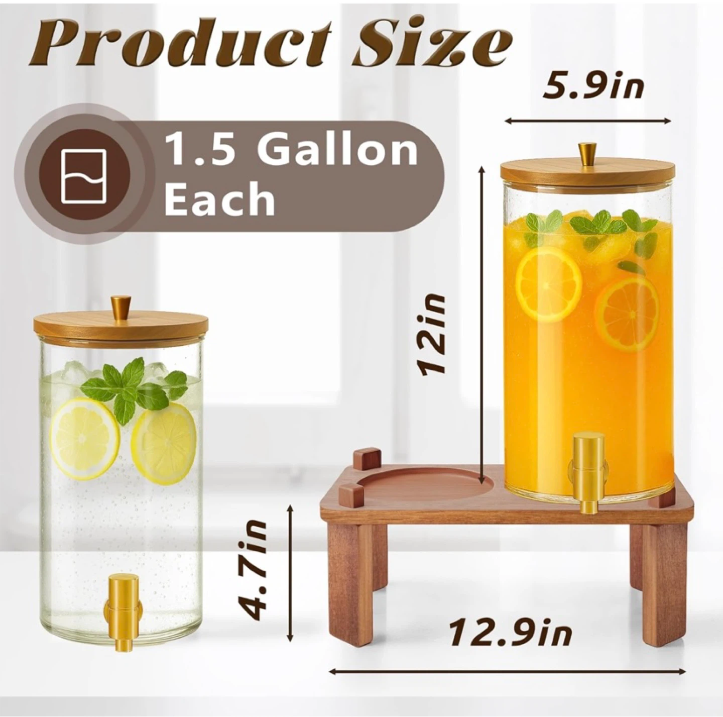 2PCS Glass Drink Dispenser 1.5 Gallon with Wood Stand - photo 2