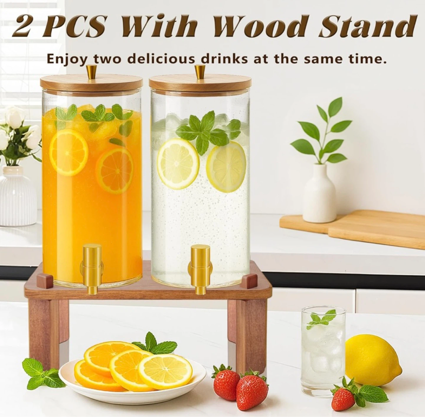 2PCS Glass Drink Dispenser 1.5 Gallon with Wood Stand - photo 3