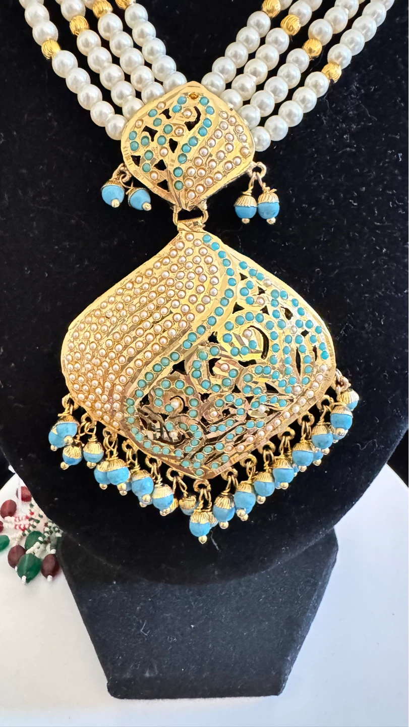 Jadau Pearl Necklace and Earring Set with Blue Beads - photo 2