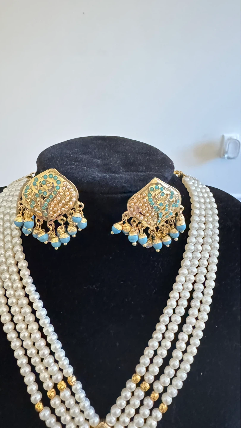 Jadau Pearl Necklace and Earring Set with Blue Beads - photo 3