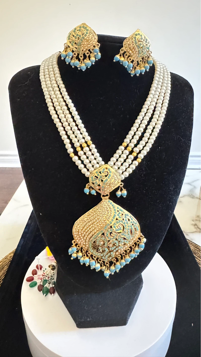 Jadau Pearl Necklace and Earring Set with Blue Beads