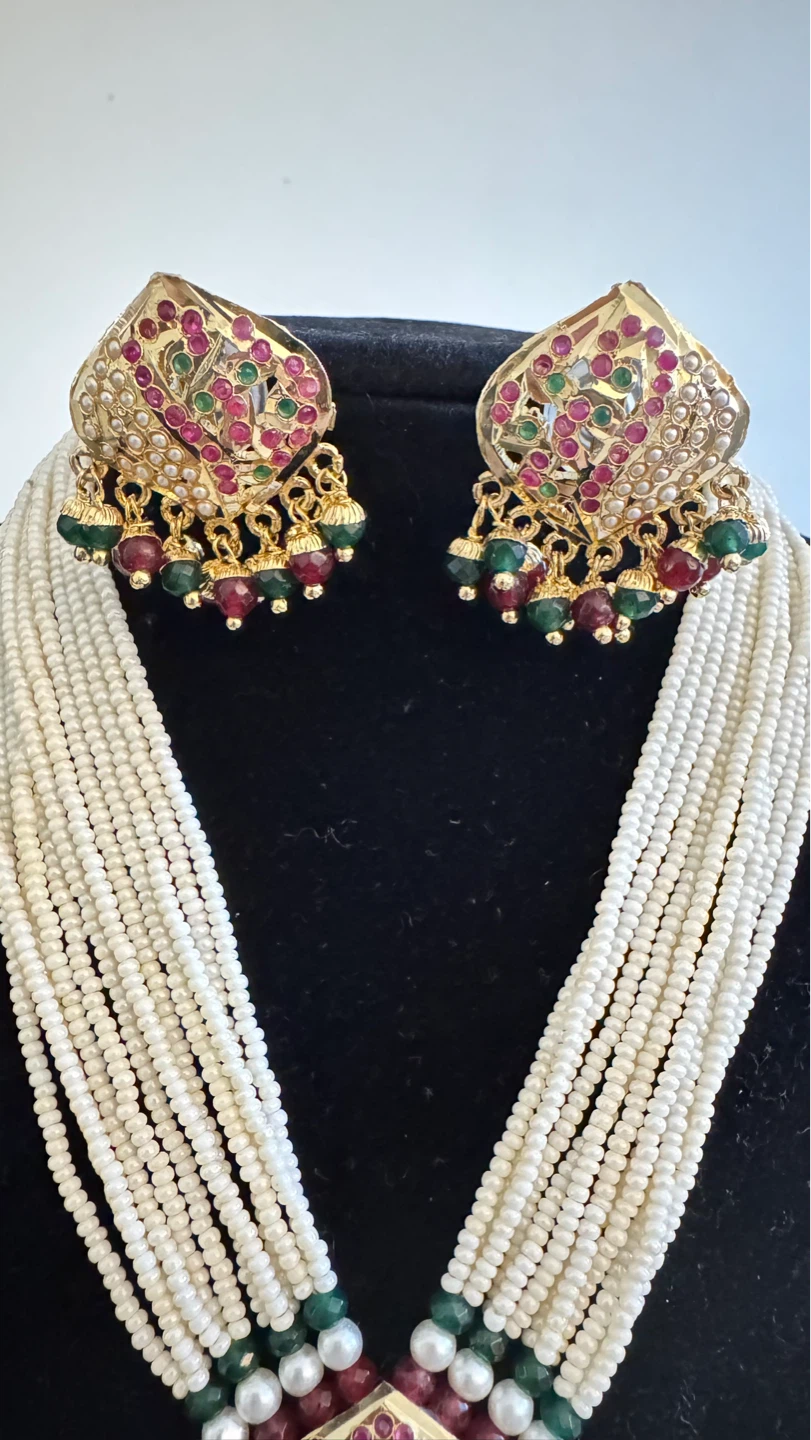 Jadau Necklace and Earring Set with Pearls and Gems - photo 3