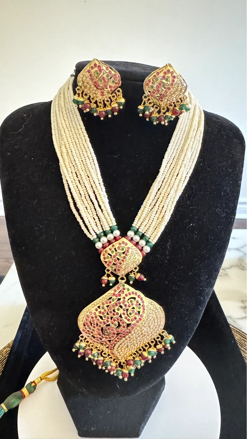 Jadau Necklace and Earring Set with Pearls and Gems