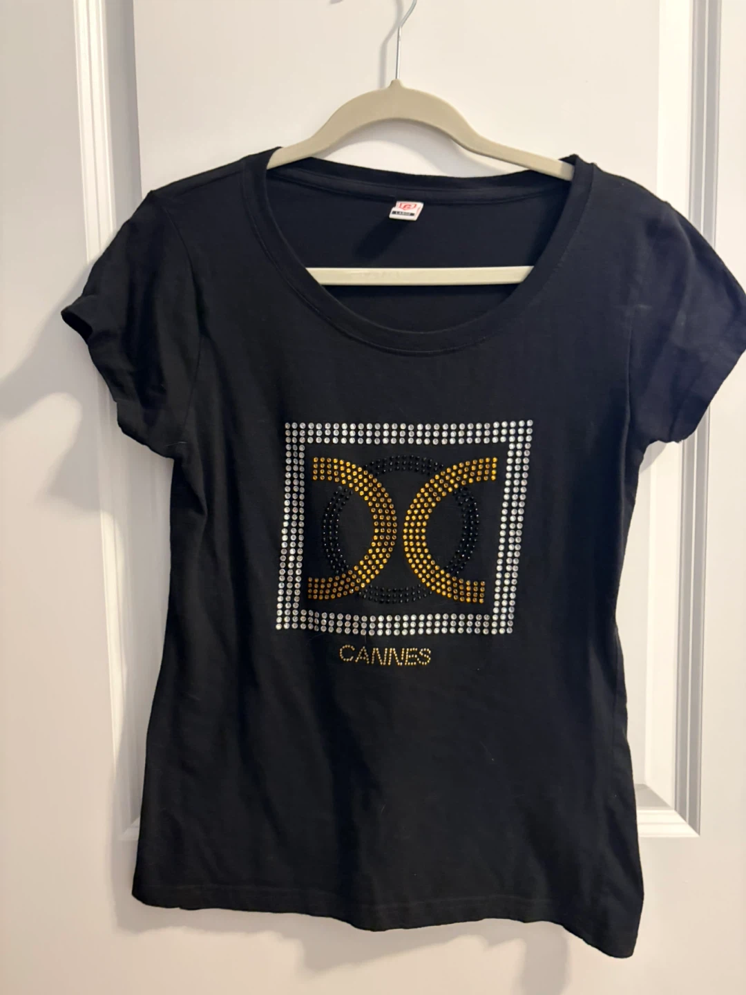 Black Embellished T-Shirt with Cannes Design