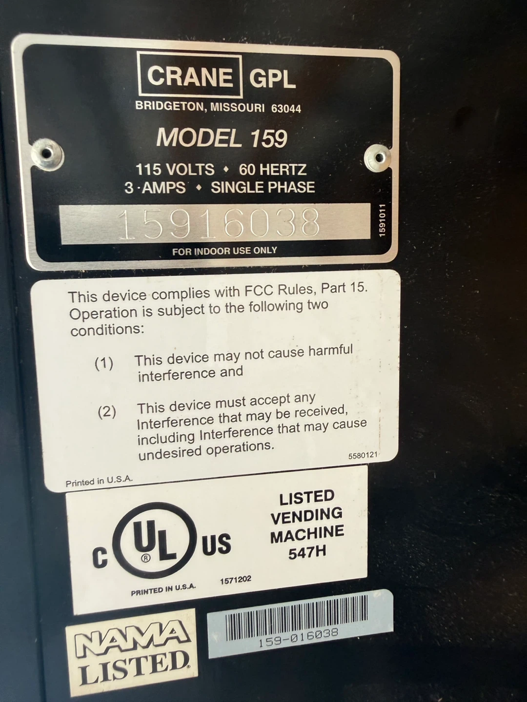 Crane GPL Model 159 Vending Machine - photo 2