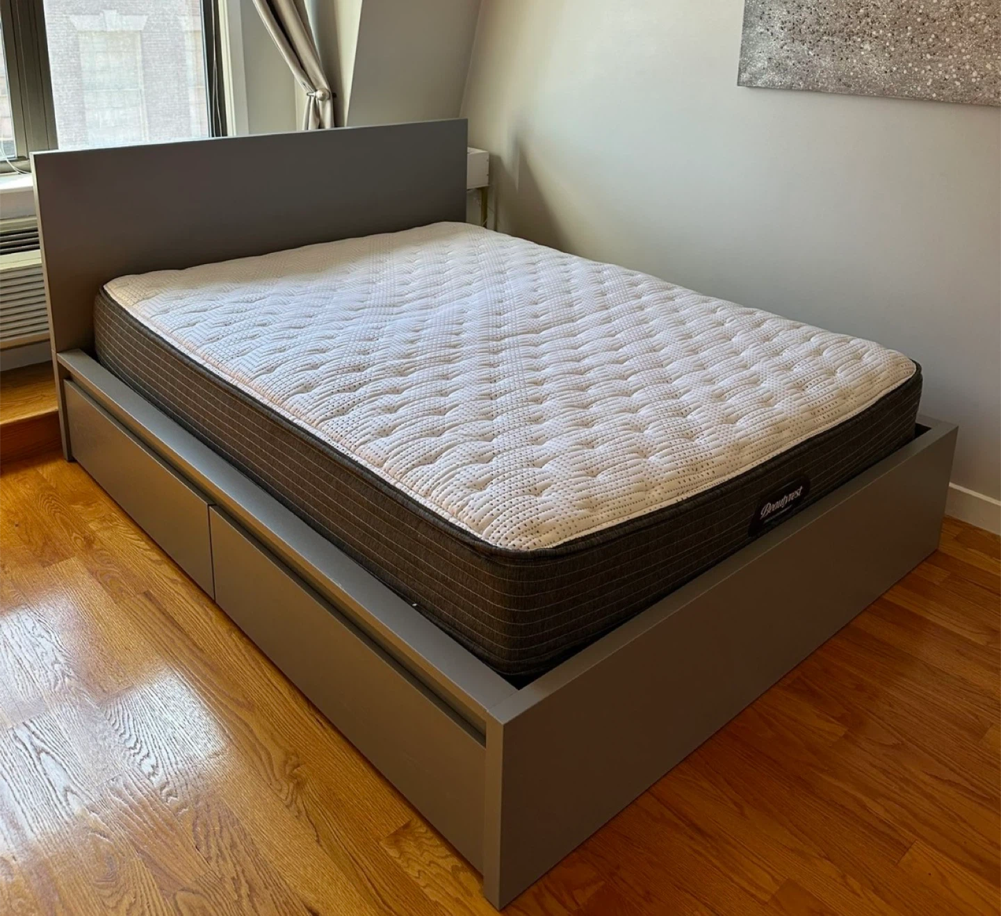 Malm IKEA Grey Queen Size Bed Frame with 2 Drawers
