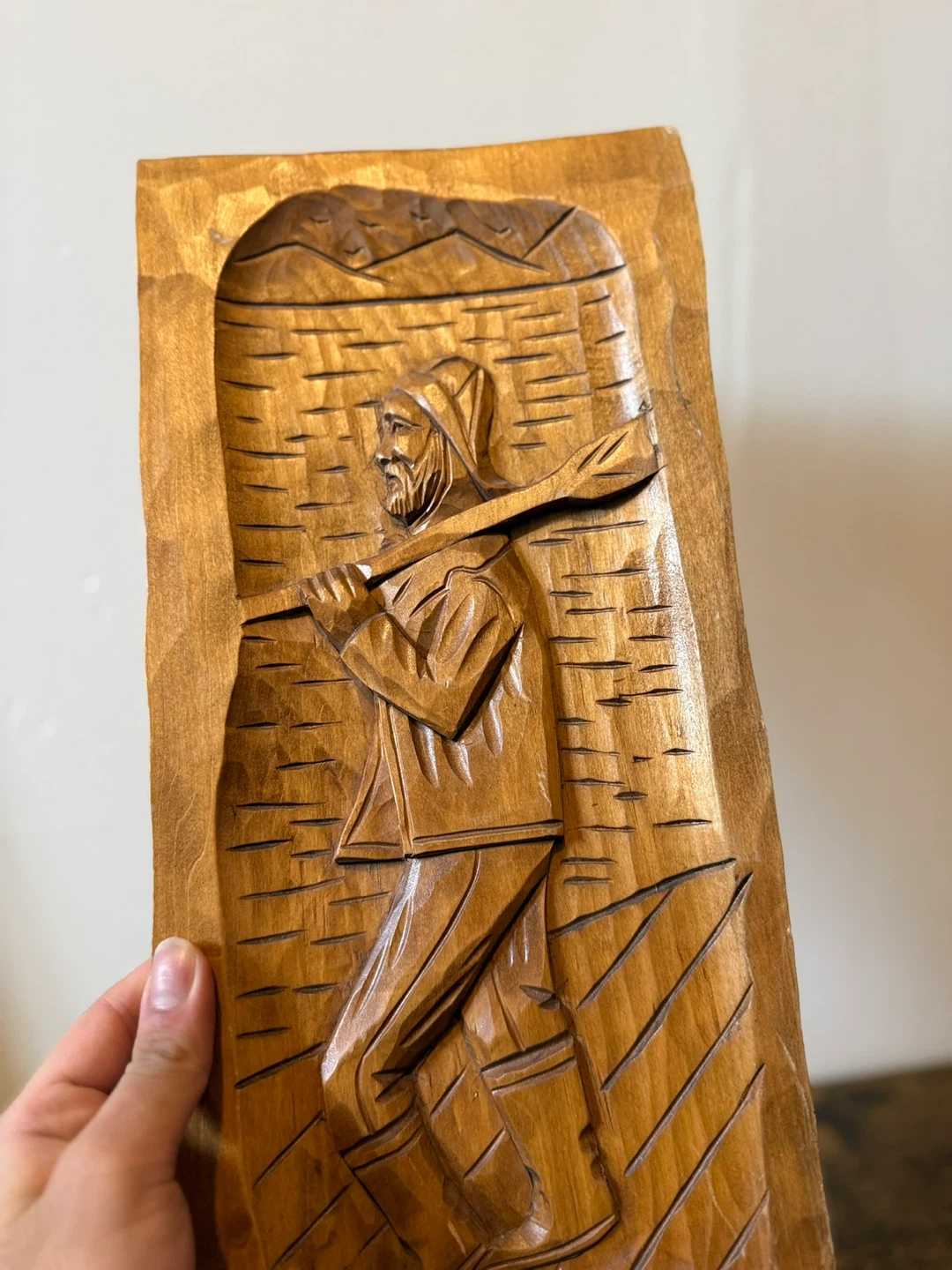 Vintage Wood Carving Wall Art Man with Bag