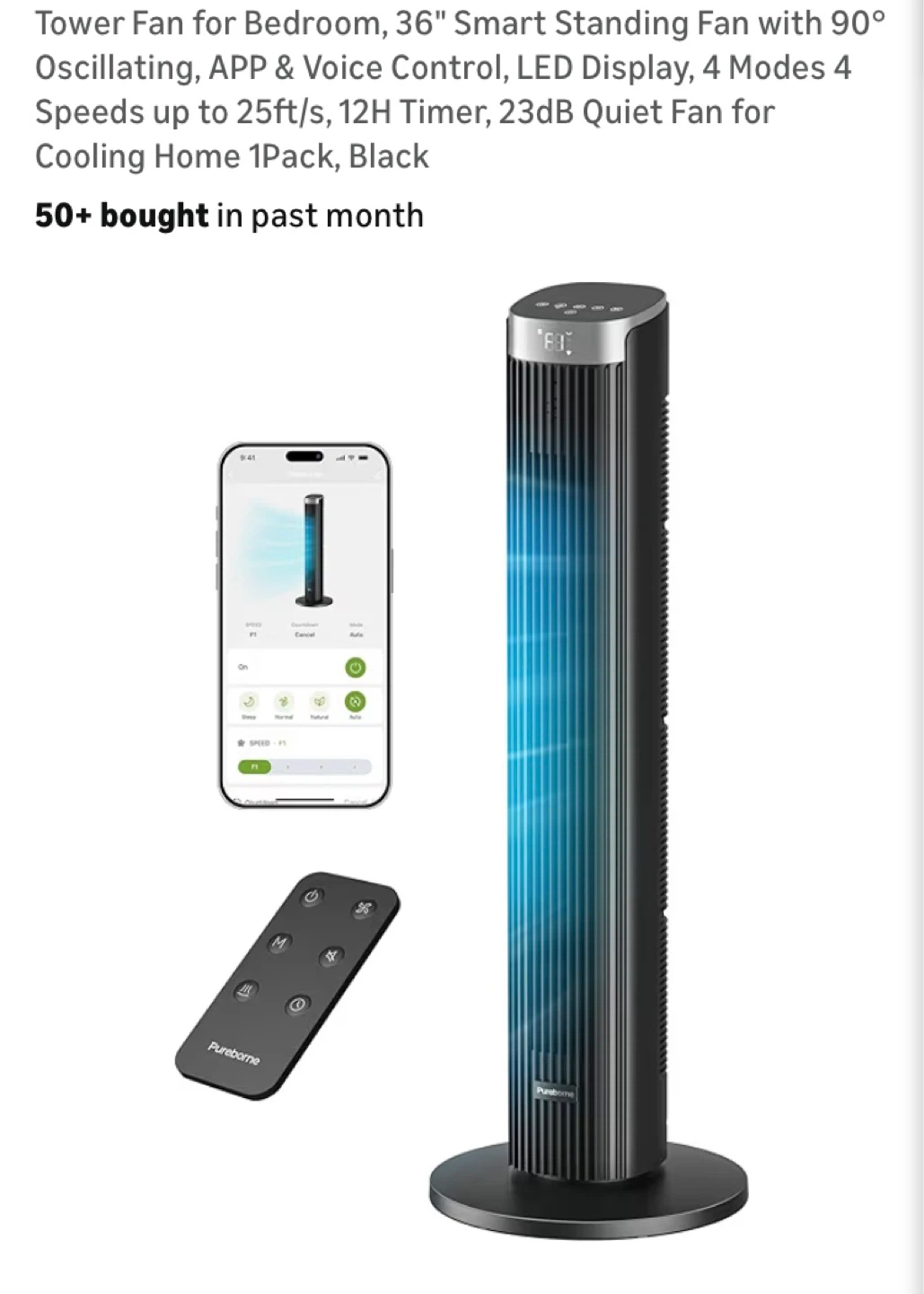 36" Smart Tower Fan with Voice Control - Black