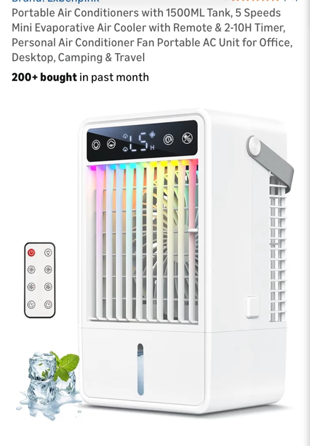 Portable Air Cooler with 1500ML Tank, 5 Speeds, Remote & Timer
