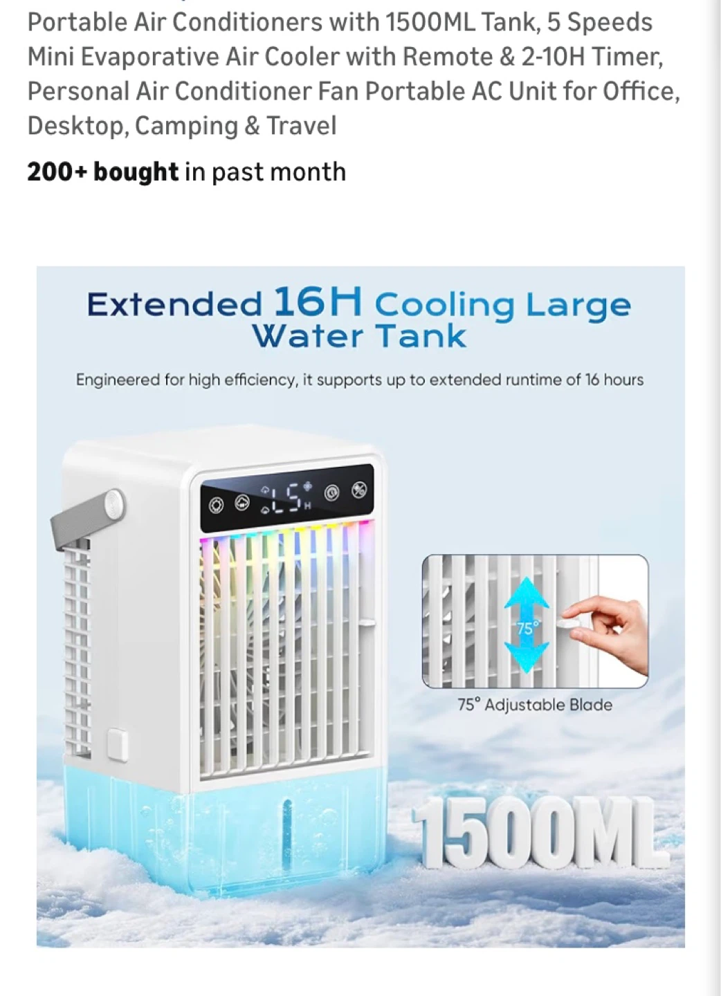 Portable Air Cooler with 1500ML Tank, 5 Speeds, Remote & Timer - photo 4