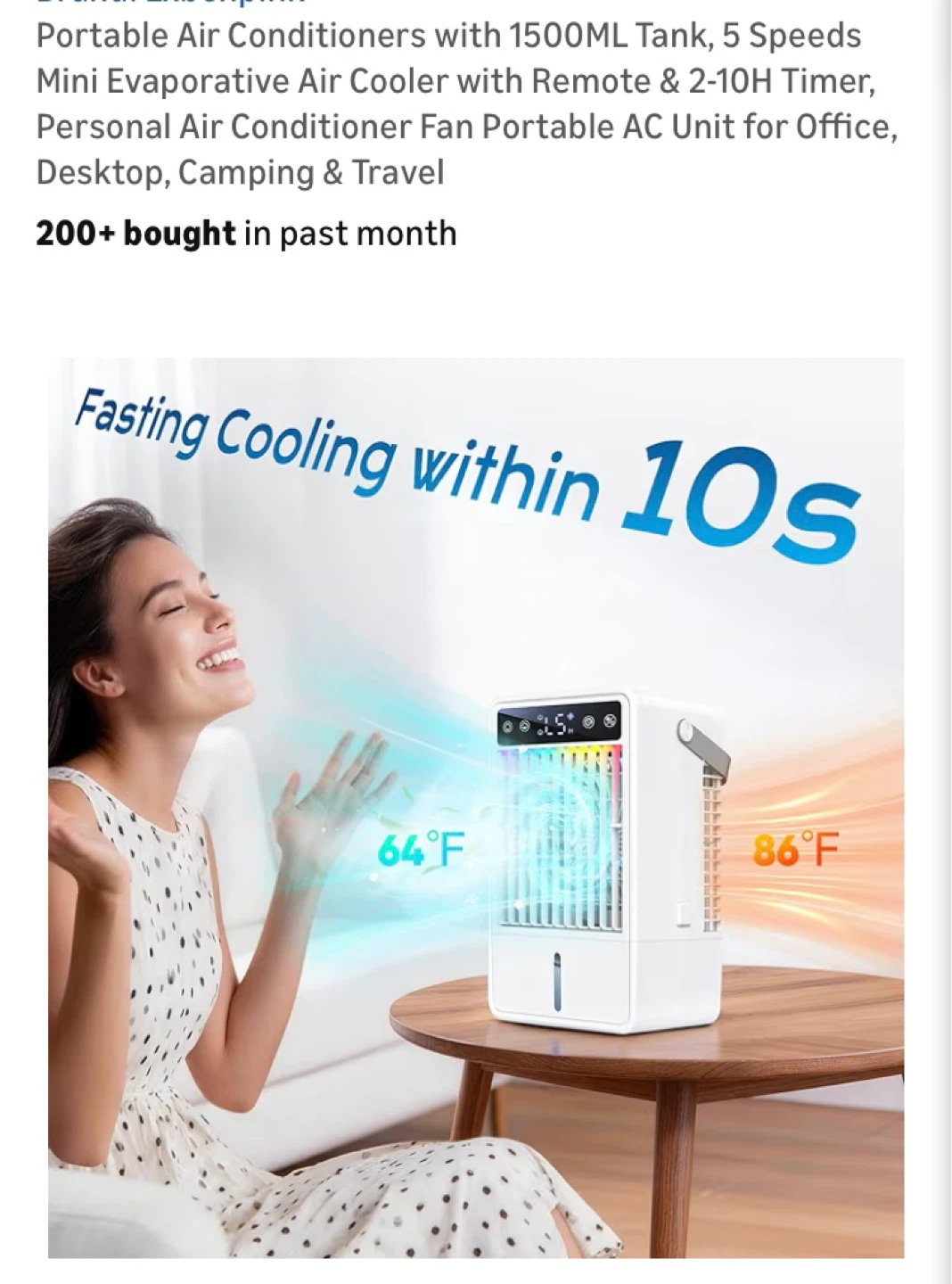 Portable Air Cooler with 1500ML Tank, 5 Speeds, Remote & Timer - photo 2
