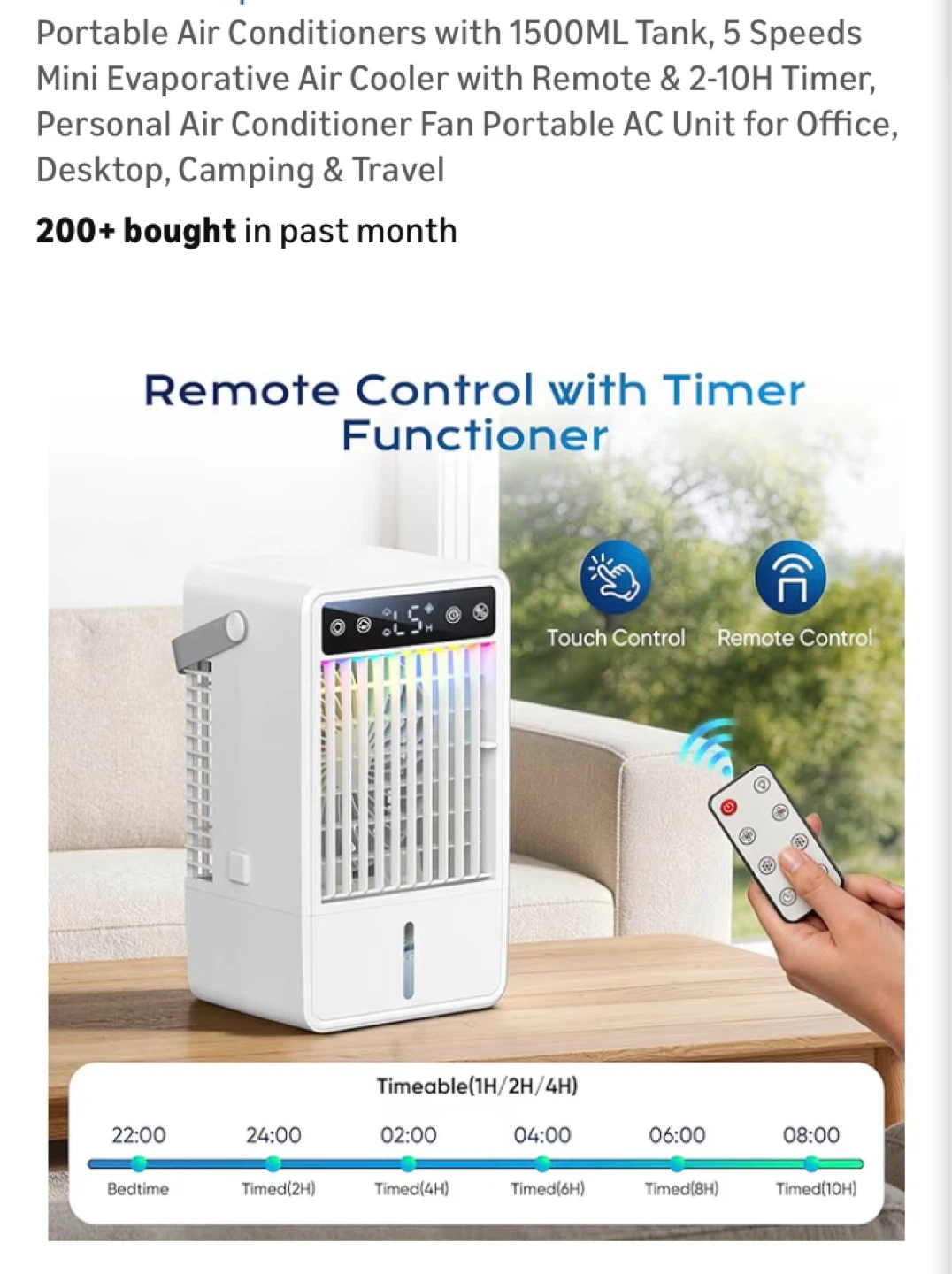 Portable Air Cooler with 1500ML Tank, 5 Speeds, Remote & Timer - photo 5