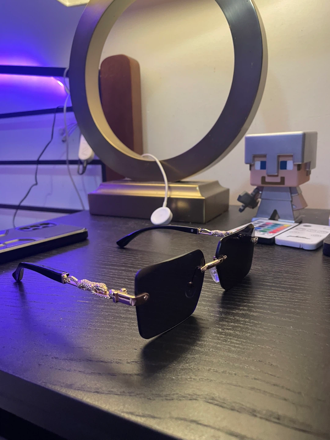 Rimless Black Lens Sunglasses with Gold Dragon Detail